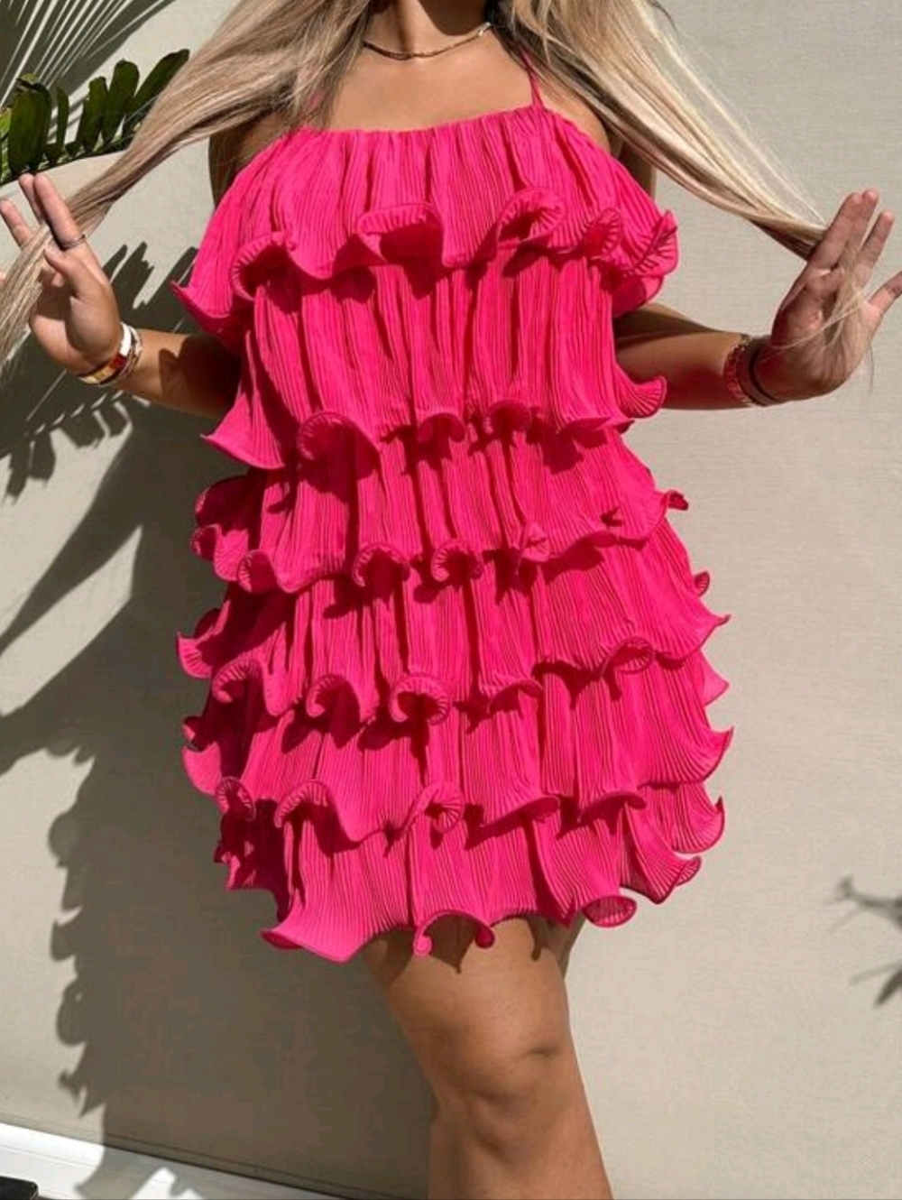 Hot Pink Ruffle Tiered Mini Dress - Picture 2 of 8